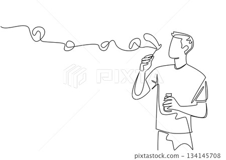 Continuous line drawing of a boy blowing bubbles, showing playfulness, youth, and joy, designed in a health concept and themed for National Making Life Beautiful Day celebration. Continuous line drawing of a boy blowing bubbles, showing playfulness, youth, and joy, designed in a health concept and themed for National Making Life Beautiful Day celebration. 134145708
