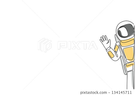 Single line drawing of an astronaut waving from the side of the wall, reflecting exploration, outer space, and unity beyond borders in a science concept for Say Hi Day international celebration. 134145711