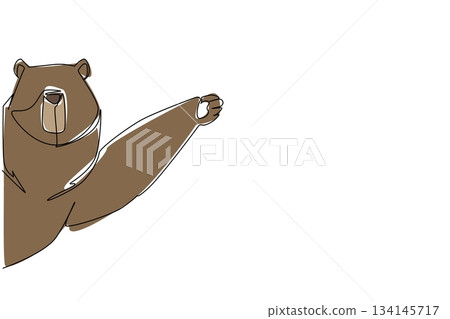 One line drawing of a brown bear waving paw behind the wall, reflecting a nature concept with the theme animal waving hand, inspired by International Bear Day and wildlife awareness design. 134145717