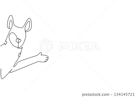 Continuous line drawing of a hyena raising its paw behind the wall, illustrated in a nature concept with a savanna theme, designed for World Hyena Day in a bold minimalist vector art style. Continuous line drawing of a hyena raising its paw behind the wall, illustrated in a nature concept with a savanna theme, designed for World Hyena Day in a bold minimalist vector art style. 134145721