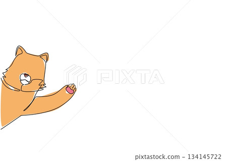 Cat illustrated in single line drawing style, raising its paw as though waving from behind a wall. This nature concept art connects with International Cat Day, celebrating pets as beloved companions. Cat illustrated in single line drawing style, raising its paw as though waving from behind a wall. This nature concept art connects with International Cat Day, celebrating pets as beloved companions. 134145722