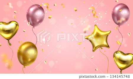 Birthday card with air balloons and confetti 134145748