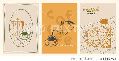 Coffee breakfast doodle posters in crayon style 134145794