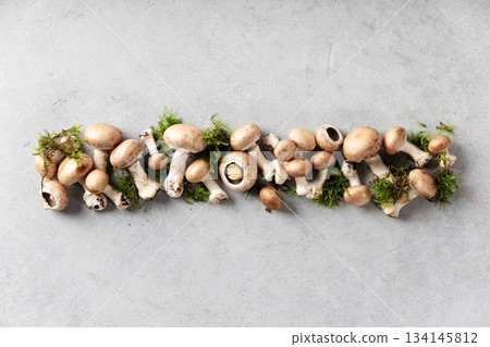 Fresh Brown Mushrooms with Moss on Light Gray Background 134145812