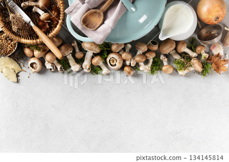 Rustic Cooking Ingredients with Mushrooms and Kitchenware Rustic Cooking Ingredients with Mushrooms and Kitchenware 134145814