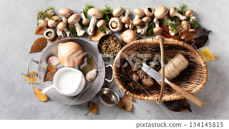Autumn Cooking Ingredients with Mushrooms, Basket, and Spices Autumn Cooking Ingredients with Mushrooms, Basket, and Spices 134145815