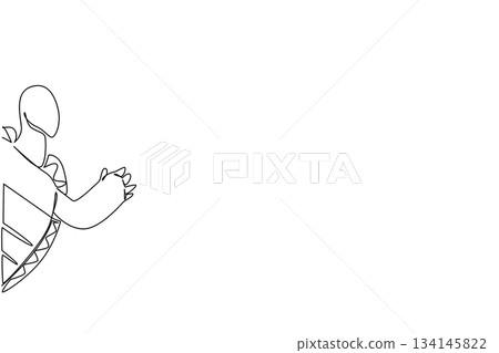 Single line drawing of a tortoise raising its leg behind the wall in a minimalist continuous art style. This design reflects a nature concept and is themed for World Turtle Day. Single line drawing of a tortoise raising its leg behind the wall in a minimalist continuous art style. This design reflects a nature concept and is themed for World Turtle Day. 134145822