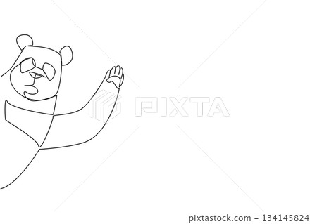 Continuous line drawing of a panda waving its paw behind the wall, made in minimalist one line style. This design represents a nature concept with the theme of International Panda Day 134145824