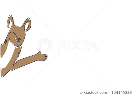 Continuous line drawing of a hyena waving its paw from behind a wall, designed as minimalist animal art with a nature concept for international wildlife protection theme. 134145826