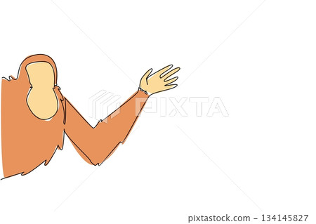 One line drawing of an orangutan waving its hand behind a wall, highlighting rainforest conservation in a nature concept, themed for International Orangutan Awareness Day. One line drawing of an orangutan waving its hand behind a wall, highlighting rainforest conservation in a nature concept, themed for International Orangutan Awareness Day. 134145827