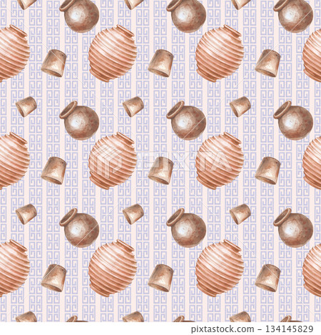Seamless pattern with realistic clay pots and national Greek ornaments on a light background. Watercolor illustration with ceramics. Vertical template with traditional elements of Greek culture for 134145829
