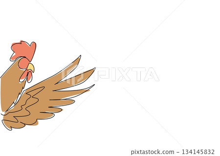 Single line drawing of a rooster waving its wing behind a wall, symbolizing dawn and farm life in a nature concept, themed for World Animal Day celebrations worldwide. 134145832