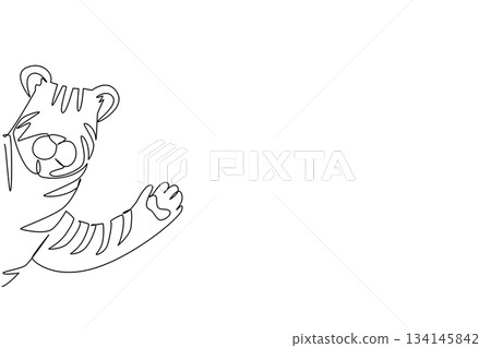 Single line drawing of a tiger raising its paw in a playful greeting, created as an animal concept illustration for Say Hi Day, symbolizing courage, energy, and cheerful connection. 134145842