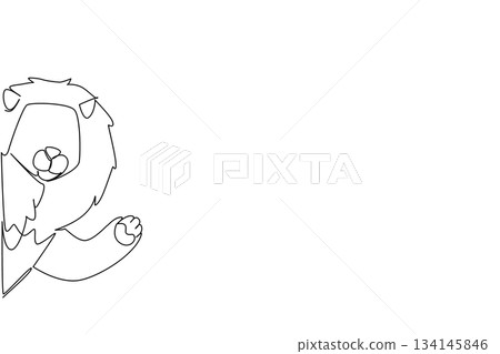 One line drawing of a lion waving its paw as a friendly gesture, designed as an animal concept illustration for Say Hi Day, highlighting strength, warmth, and global friendliness. 134145846