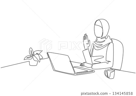 Woman in hijab seated at desk with laptop, coffee, and plant, raising hand to greet, designed in continuous line drawing style, expressing business concept and Say Hi Day theme. Woman in hijab seated at desk with laptop, coffee, and plant, raising hand to greet, designed in continuous line drawing style, expressing business concept and Say Hi Day theme. 134145858
