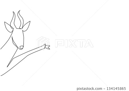 Continuous line drawing showcases an antelope waving leg behind the wall, symbolizing wildlife elegance. A conceptual design celebrating World Antelope Day under the international animal theme. 134145865