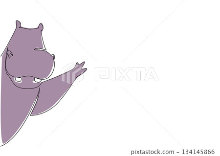Cute hippo waving its leg behind a wall, created in continuous line drawing style, symbolizing nature concept and celebrating World Wildlife Day with playful and minimal animal vector art. 134145866