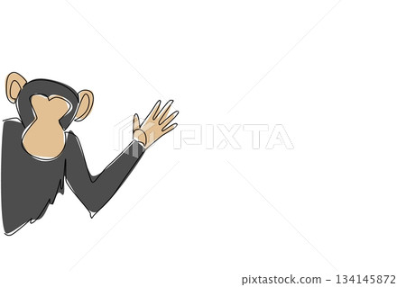 Single line drawing of a monkey waving hand behind the wall, expressing a nature concept with the theme animal waving paw, suitable for International Monkey Day and fun wildlife inspired illustrations 134145872