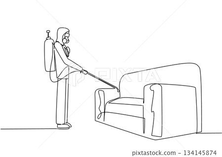 Single line drawing of a man in protective outfit spraying a sofa for pest prevention, emphasizing safe home hygiene and female professionals during World Pest Day international event for health Single line drawing of a man in protective outfit spraying a sofa for pest prevention, emphasizing safe home hygiene and female professionals during World Pest Day international event for health 134145874