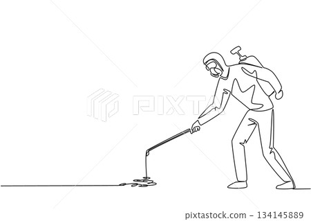 One line drawing of a pest control worker in protective gear standing and spraying pesticide, representing professional pest management and safety effort during World Pest Day international campaign 134145889