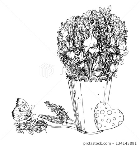 cachepot with lace trim full of lavender and spartium Spanish broom bouquet, dotted heart, yellow butterfly. Isolated illustration hand drawn in vector ink. Herb garden fair branding, eco packaging cachepot with lace trim full of lavender and spartium Spanish broom bouquet, dotted heart, yellow butterfly. Isolated illustration hand drawn in vector ink. Herb garden fair branding, eco packaging 134145891
