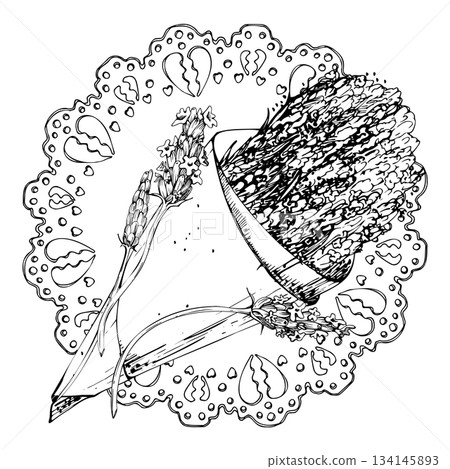 Fresh cut lavender stems on round paper doily with heart-shaped lace, lavandula flower stems in craft paper cone. Isolated illustration hand drawn in vector ink. Aromatherapy, handmade cosmetics label Fresh cut lavender stems on round paper doily with heart-shaped lace, lavandula flower stems in craft paper cone. Isolated illustration hand drawn in vector ink. Aromatherapy, handmade cosmetics label 134145893