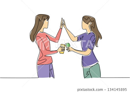 Single line drawing of two women celebrating friendship with drinks and high five, symbolizing joy and unity for National Best Friends Day, vector art with minimalist design concept Single line drawing of two women celebrating friendship with drinks and high five, symbolizing joy and unity for National Best Friends Day, vector art with minimalist design concept 134145895