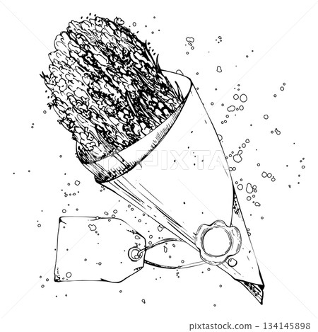 Wax seal and gift tag on rustic cone-shaped kraft paper wrap with lavender stems, paint splash dots. Isolated illustration hand drawn in vector ink. Florist logo, French Provence summer vacation card Wax seal and gift tag on rustic cone-shaped kraft paper wrap with lavender stems, paint splash dots. Isolated illustration hand drawn in vector ink. Florist logo, French Provence summer vacation card 134145898