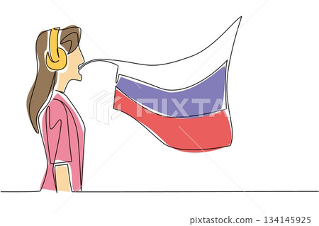 Single line drawing of a female interpreter with headphones speaking and displaying the Russian flag, highlighting women role in language learning, education, and translation for Russian Language Day 134145925