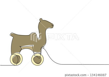 Single line drawing of a wooden camel toy with wheels, presented in minimalist outline style. The design captures desert animal character in a playful nature concept for children toys. 134146087