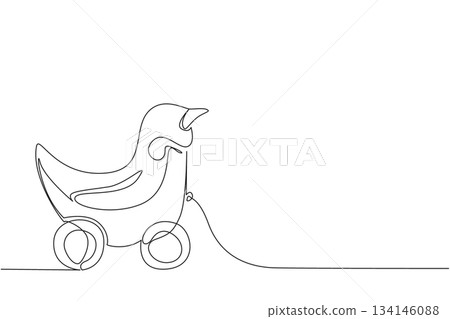 Minimalist penguin wooden wheeled toy illustrated in single line drawing style, blending playful cartoon design concept with simple strokes, ideal for children decoration and decorative artwork. 134146088
