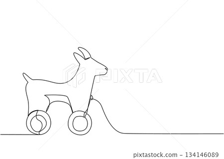 Playful continuous line drawing of a goat toy on wheels, reflecting farmyard charm. Nature concept with World Animal Day theme in minimalist children toy design. Playful continuous line drawing of a goat toy on wheels, reflecting farmyard charm. Nature concept with World Animal Day theme in minimalist children toy design. 134146089