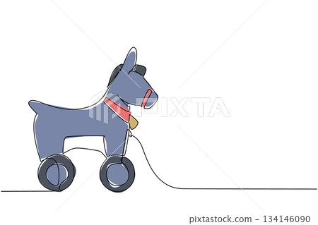 Minimalist donkey wooden wheeled toy illustrated in single line drawing style, highlighting the playful nature concept with charming simplicity for design and children themes. 134146090