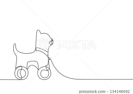 One line drawing of a cat shaped wooden pull toy with wheels, minimalist and fun, designed for children play, childhood creativity, and simple toy illustration artwork. Cat character 134146092