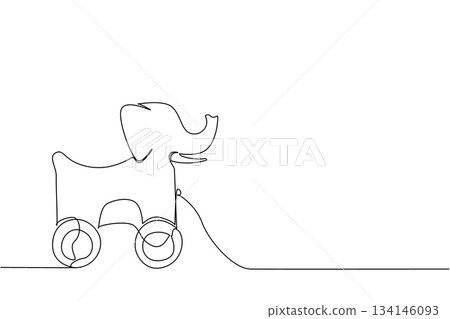 Continuous line drawing of an elephant shaped wooden pull toy with wheels, minimalist and simple, creative vector design for children toy art, animal illustration, and family concepts. Continuous line drawing of an elephant shaped wooden pull toy with wheels, minimalist and simple, creative vector design for children toy art, animal illustration, and family concepts. 134146093