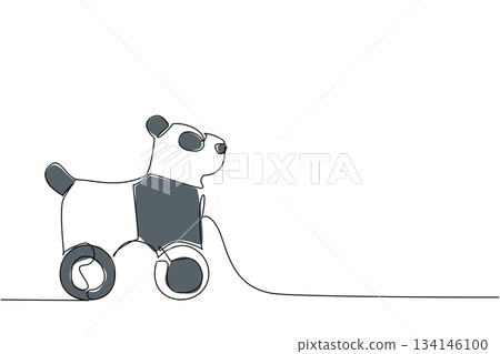 Cute panda wooden pull toy with wheels created in single line drawing style, perfect for toy design concept and animal themed minimalist art for children fun, nursery, and creative decor. Cute panda wooden pull toy with wheels created in single line drawing style, perfect for toy design concept and animal themed minimalist art for children fun, nursery, and creative decor. 134146100