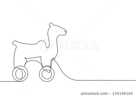 Minimalist single line drawing of a camel toy on wheels, blending desert animal charm with playful creativity. Unique children concept art ideal for educational and decorative designs. Minimalist single line drawing of a camel toy on wheels, blending desert animal charm with playful creativity. Unique children concept art ideal for educational and decorative designs. 134146104