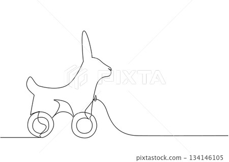 Delightful continuous line drawing of a rabbit toy on wheels, symbolizing energy and joy. Nature concept with Easter theme in minimalist children toy illustration. Delightful continuous line drawing of a rabbit toy on wheels, symbolizing energy and joy. Nature concept with Easter theme in minimalist children toy illustration. 134146105