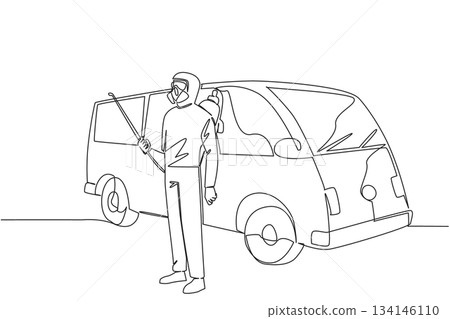 Continuous line draw of a man in protective gear and spraying equipment standing by a van, representing professional pest control service and celebrating the industry global efforts for World Pest Continuous line draw of a man in protective gear and spraying equipment standing by a van, representing professional pest control service and celebrating the industry global efforts for World Pest 134146110