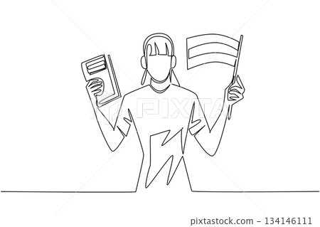 One line draw of a young girl holding a book and Russian flag, promoting language learning and celebrating children education for Russian Language Day at an international event for global campaign 134146111