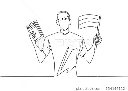 Single line drawing of a young boy holding a book and the Russian flag. Support for children language learning and cultural celebration during Russian Language Day at global educational event Single line drawing of a young boy holding a book and the Russian flag. Support for children language learning and cultural celebration during Russian Language Day at global educational event 134146112