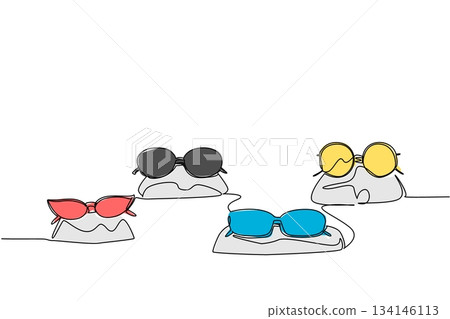 Continuous line drawing of assorted sunglasses and eyeglasses displayed on stands, representing modern fashion choices, eye protection, and vision awareness at National Eyewear Day global event 134146113