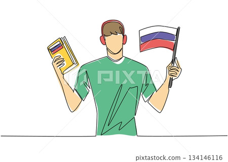 One line drawing of a young boy with headphones holding a Russian flag and a book, promoting children language learning, cultural pride, and education for Russian Language Day at a worldwide event 134146116