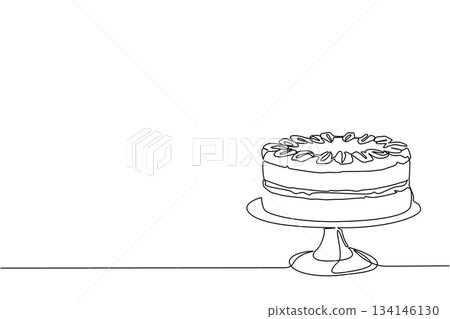 Single line drawing food concept for National German Chocolate Cake Day, showing a whole decorated German chocolate cake placed on a tall pedestal cake stand, ready for serving. 134146130