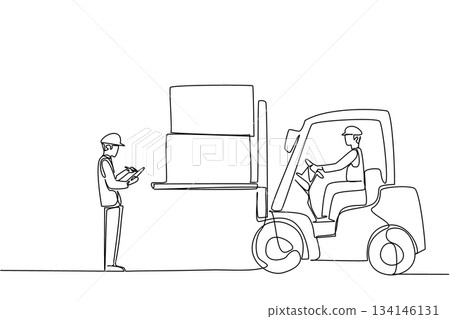 Single line drawing artwork showcasing National Forklift Safety Day theme with an operator lifting boxes while another worker observes and records, focusing on workplace industry safety concept. 134146131