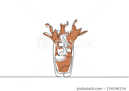 Refreshing continuous line drawing of iced tea splashing with ice cubes, celebrating National Iced Tea Day with a beverage concept and summer drink theme. 134146134