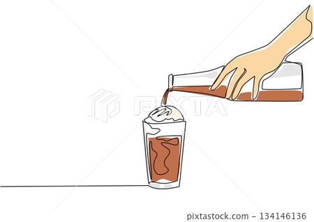 Continuous line drawing of a hand pouring root beer over vanilla ice cream in a glass, symbolizing National Black Cow Day celebration with food and beverage concept. Continuous line drawing of a hand pouring root beer over vanilla ice cream in a glass, symbolizing National Black Cow Day celebration with food and beverage concept. 134146136