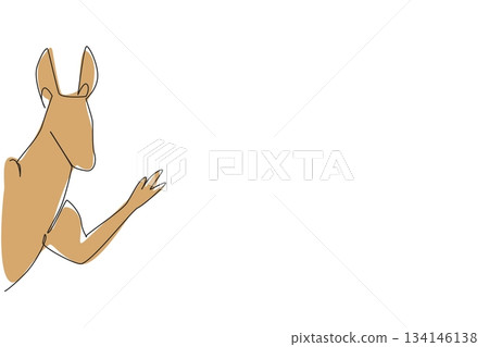 Single line drawing of a kangaroo waving its hand behind a wall, showcasing Australia iconic marsupial in a nature concept, themed for International Wildlife Conservation Day. 134146138