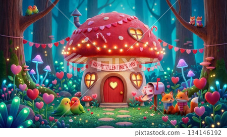 3D Red Mushroom House in Fantasy Forest with Valentine Decorations 134146192