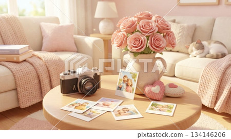 3D Polaroid and Film Camera with Vase of Roses and Hearts on Living Room Table 3D Polaroid and Film Camera with Vase of Roses and Hearts on Living Room Table 134146206